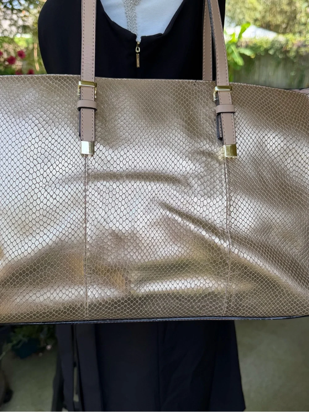 ANTONIO MELANI Metallic Champagne Snake-Texture Leather Tote